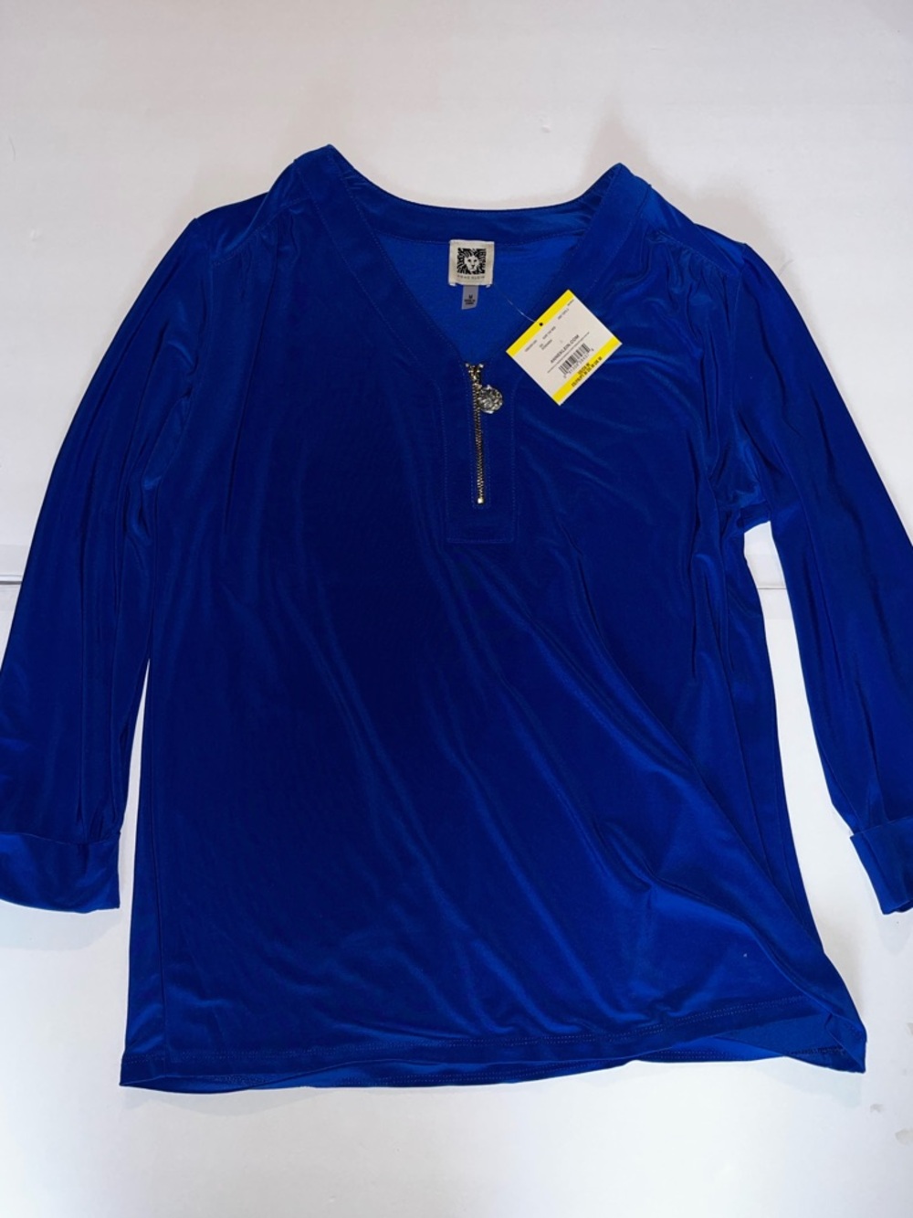 NWT Anne Klein Royal Blue Zip V-Neck Top elbow length medium office blouse